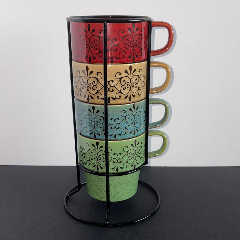Pier 1 Multicolor Stoneware Mug Set With Metal Stand